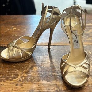 Jimmy Choo Gold Lamé Leather Cutwork Stiletto Heels with Ankle Strap